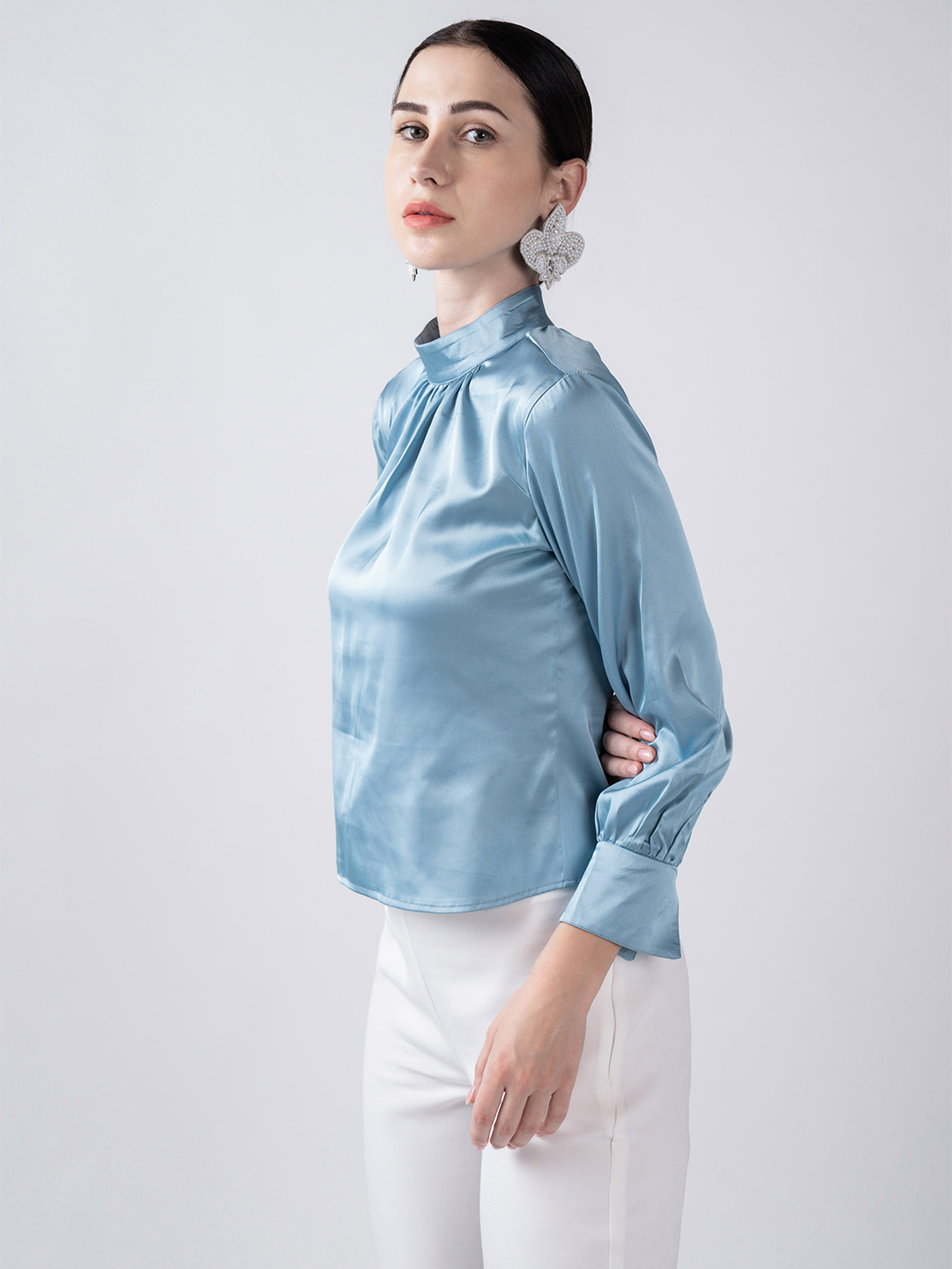 Gathered Collared Top Mint Blue -4